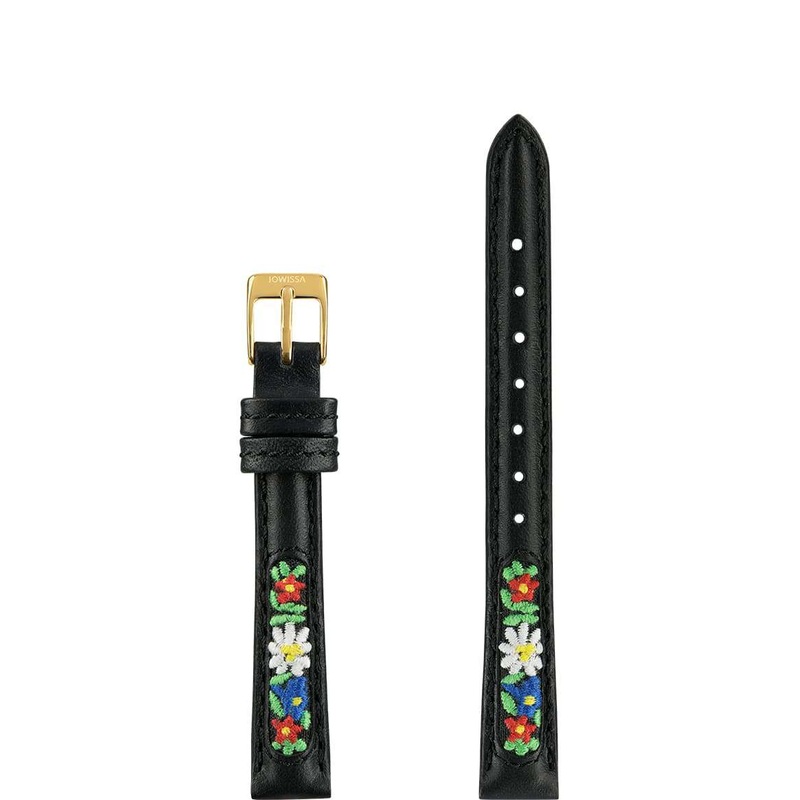 Leather Watch Band with Swiss Flower Embroidery E3.1376.S