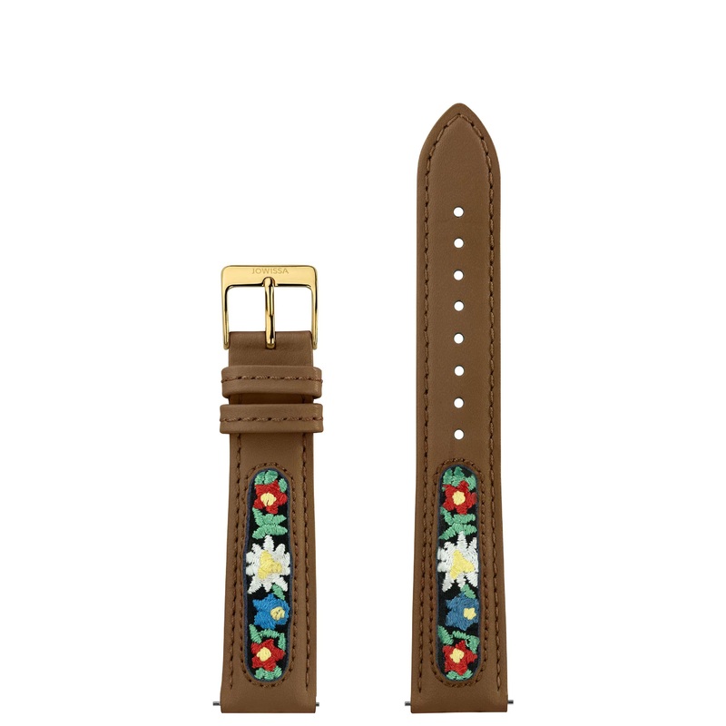 Leather Watch Band with Swiss Flower Embroidery E3.1502.L