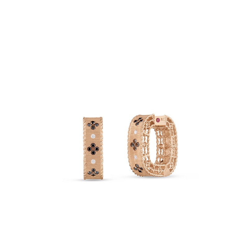 18K Rose Gold Princess Black And White Diamond Square Hoop Earrings