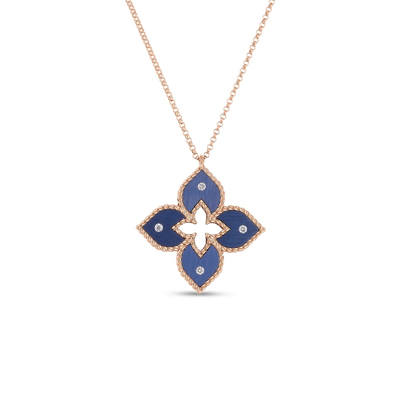 18K Rose Gold Venetian Princess Small Blue Titanium And Diamond Flower Necklace