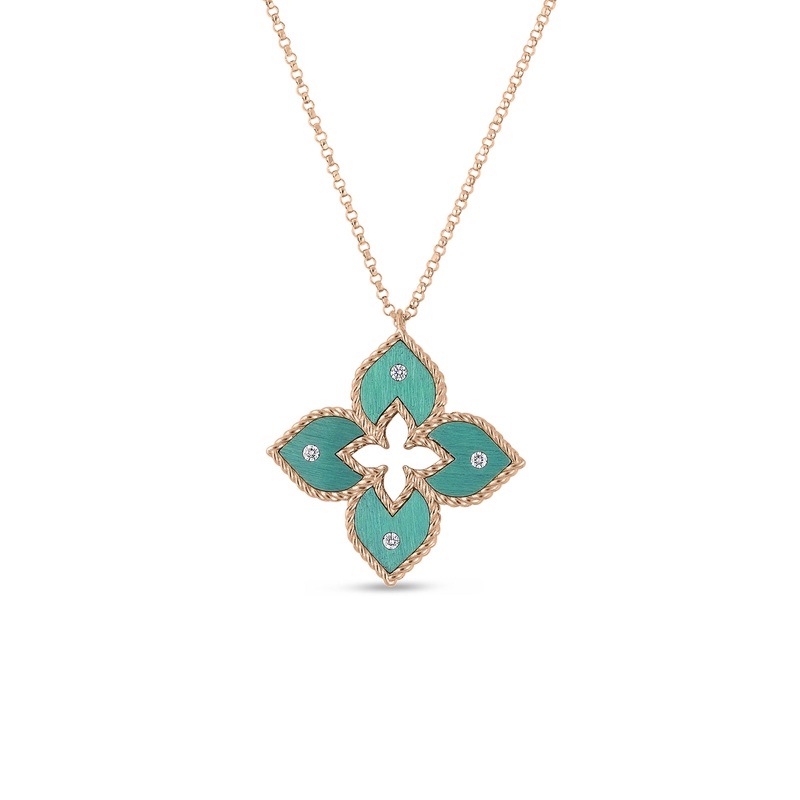 18K Rose Gold Venetian Princess Small Green Titanium And Diamond Flower Necklace