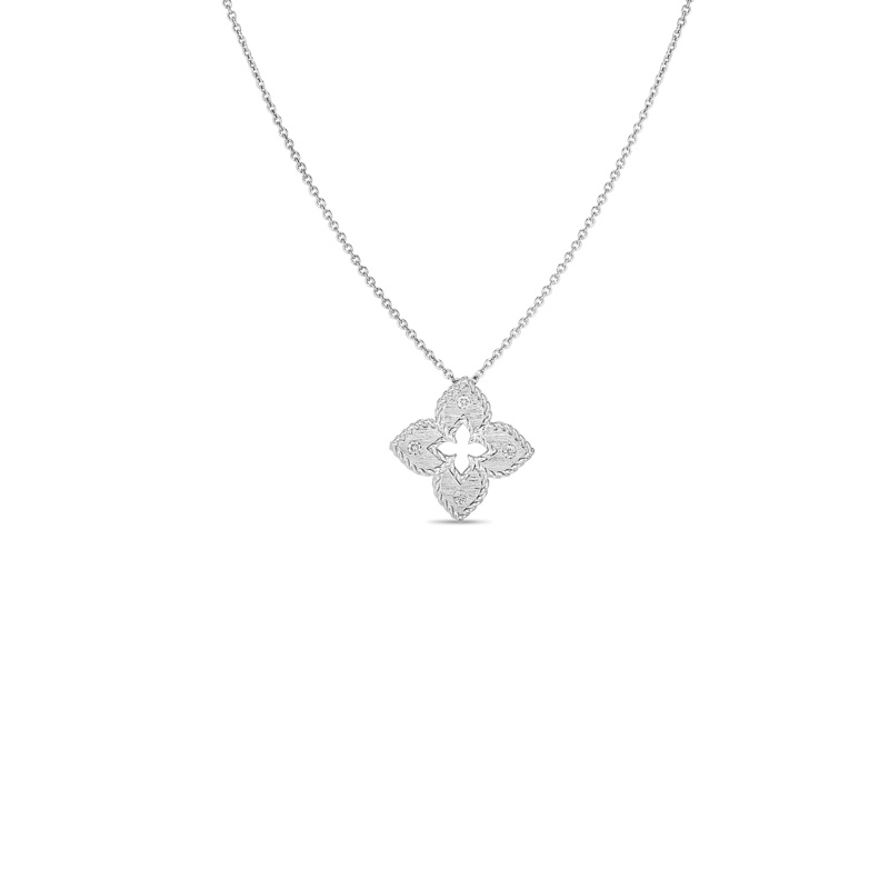 18K White Gold Petite Venetian Princess Extra Small Satin & Diamond Accent Flower Necklace
