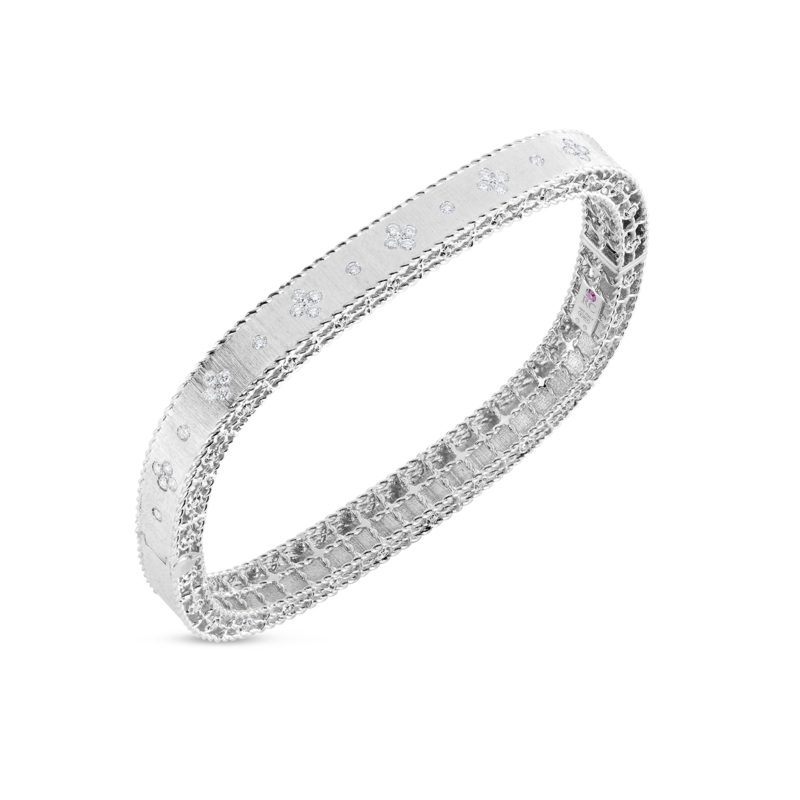 18K White Gold Princess Satin Fleur De Lis Diamond Slim Bangle