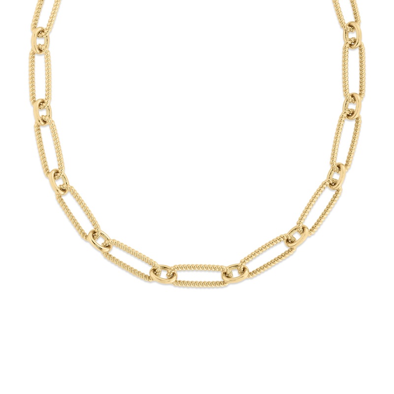 18K Yellow Designer Gold Alternating Fluted Paperclip & Oval Link Necklace
