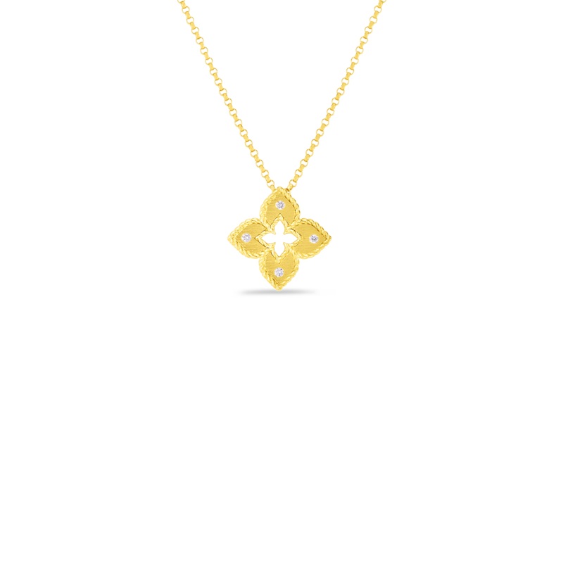 18K Yellow Gold Petite Venetian Princess Extra Small Satin & Diamond Accent Flower Necklace