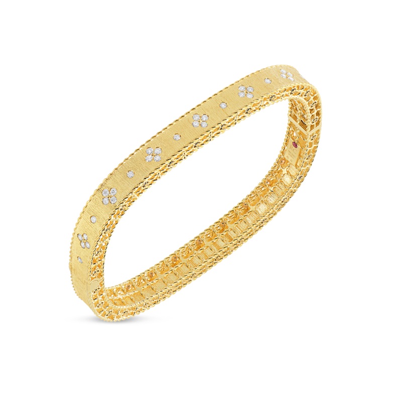 18K Yellow Gold Princess Satin Fleur De Lis Diamond Slim Bangle