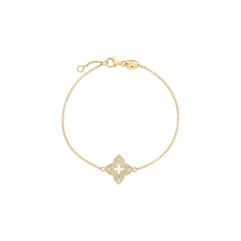 18K Yellow Gold Ventian Princess Small Diamond Pave Flower Bracelet