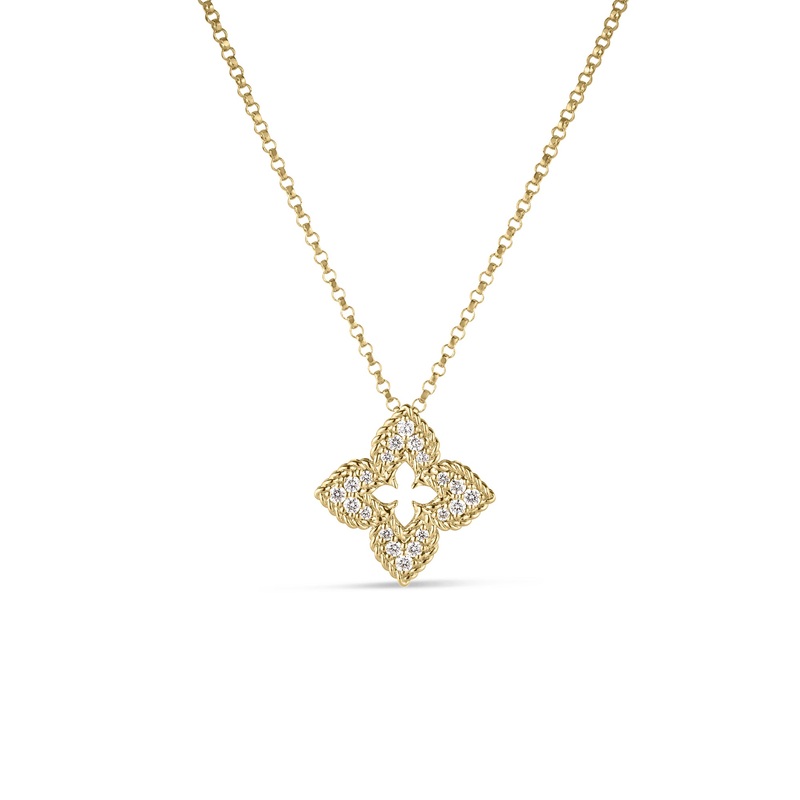 18K Yellow Gold Ventian Princess Small Diamond Pave Flower Necklace