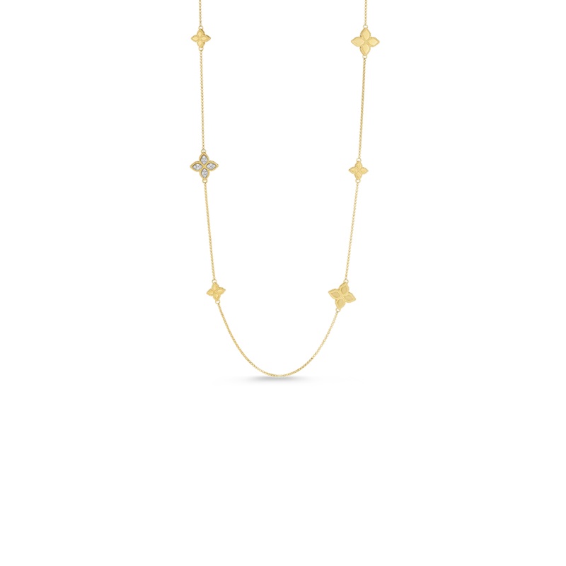 18K Yellow & White Gold Princess Flower Diamond Accent Station Necklace