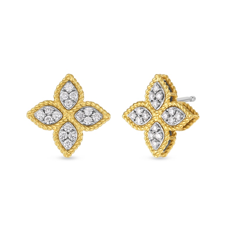 18K Yellow & White Gold Princess Flower Medium Diamond Stud Earrings