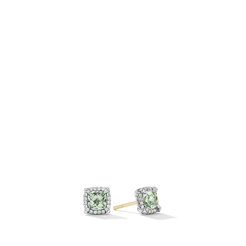 Petite Chatelaine Pave Bezel Stud Earrings with Prasiolite and Diamonds