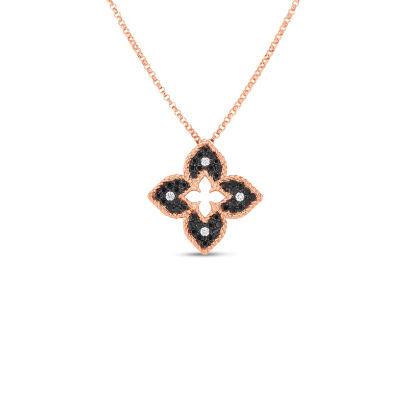 18K Rose Gold Petite Venetian Black & White Diamond Flower Necklace