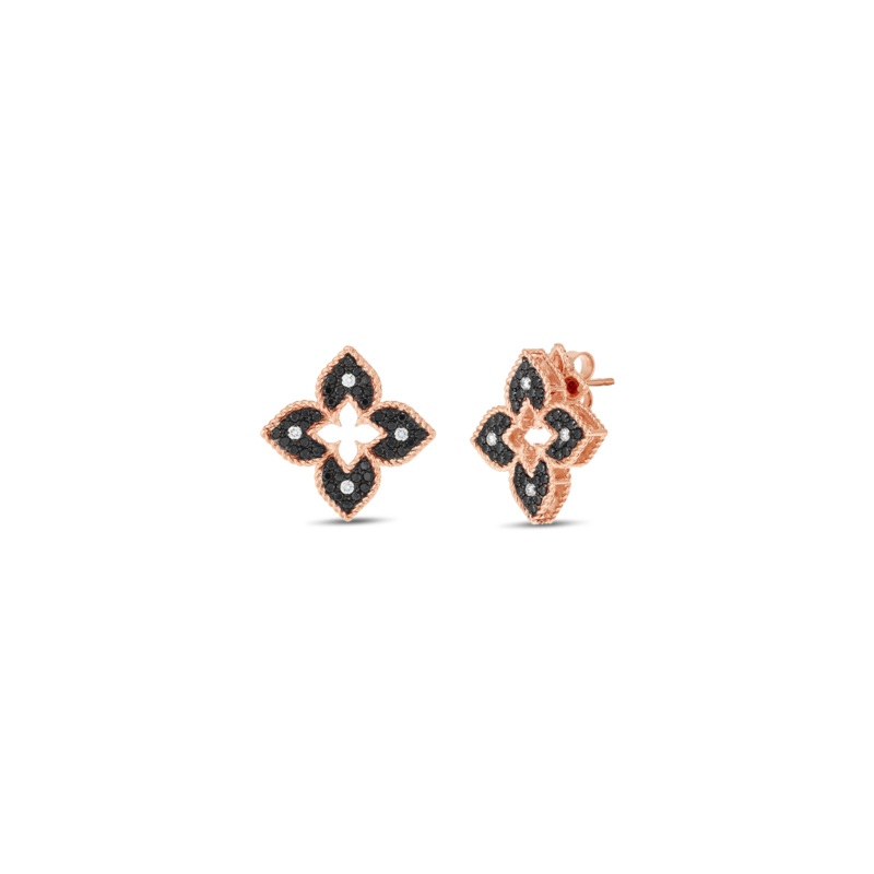 18K Rose Gold Petite Venetian Princess Black & White Diamond Flower Stud Earrings