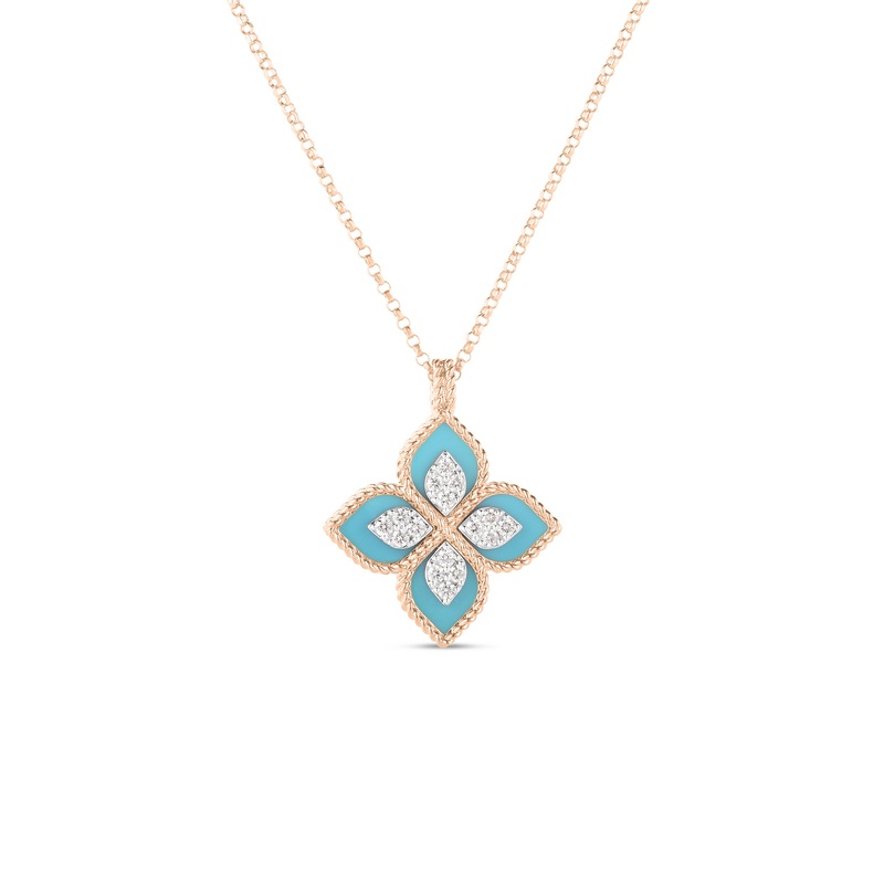 18K Rose/White Gold Venetian Princess Diamond & Turquoise Flower Necklace