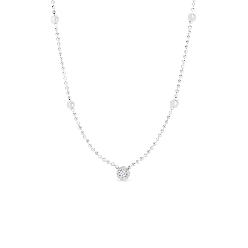 18K White Designer Gold Diamond Alternating Bead Necklace