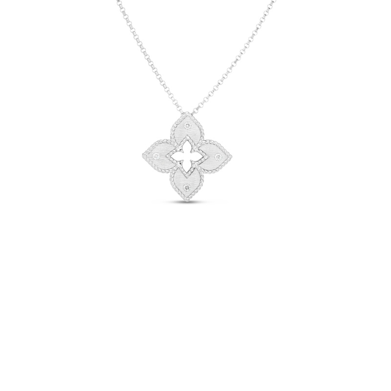 18K White Gold Petite Venetian Princess Satin & Diamond Accent Flower Necklace