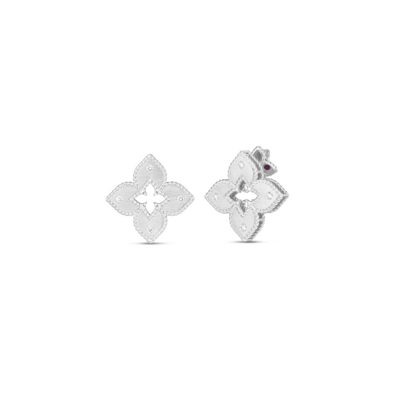 18K White Gold Petite Venetian Princess Satin & Diamond Accent Flower Stud Earrings