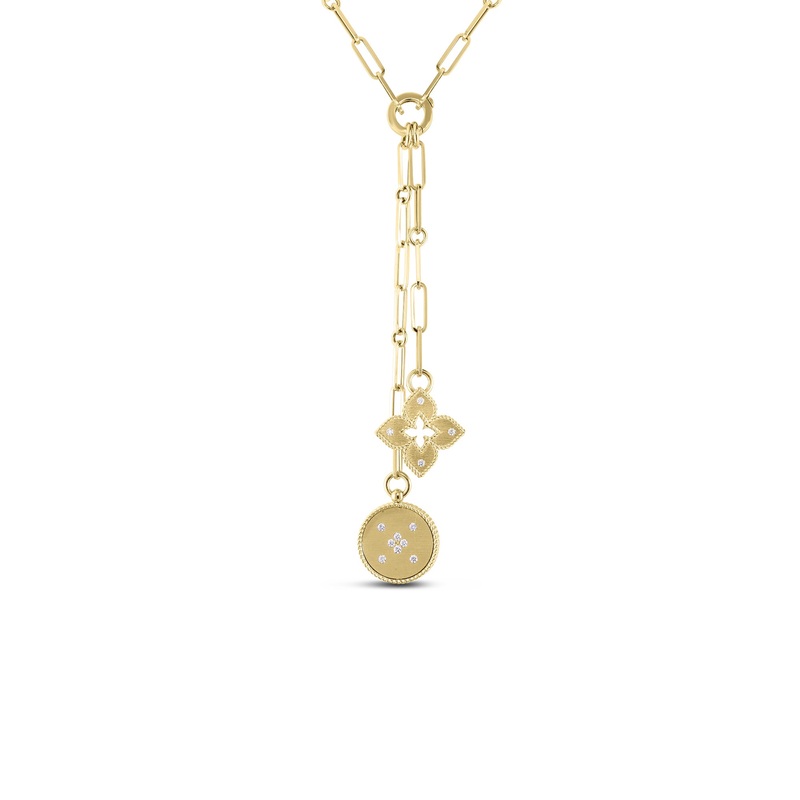 18K Yellow gold Venetian Princess Double Medallion Diamond Necklace 15″ Chain