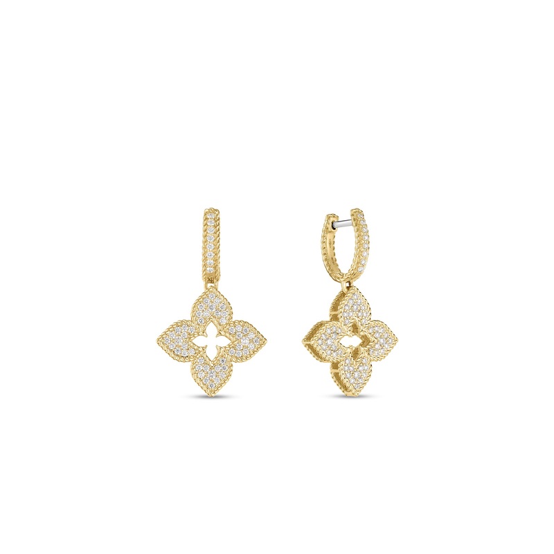 18K Yellow Gold Venetian Princess Medium Pave Flower Dangle Earrings