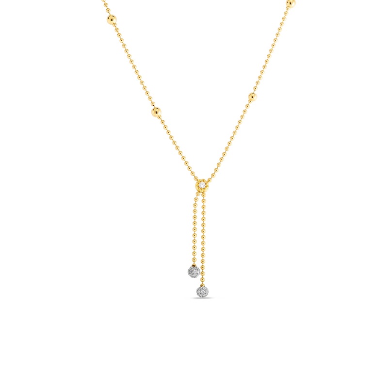 18K Yellow & White Designer Gold Alternating Bead With Double Diamond Drop Necklace