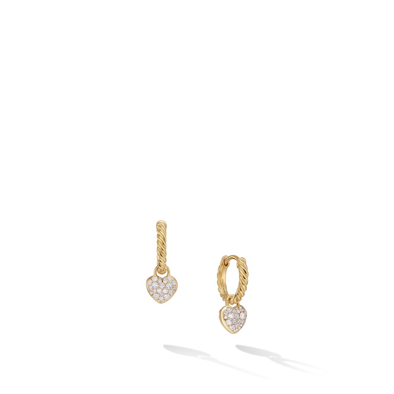 Petite Pave Heart Drop Earrings in 18K Yellow Gold with Diamonds, 16.4mm